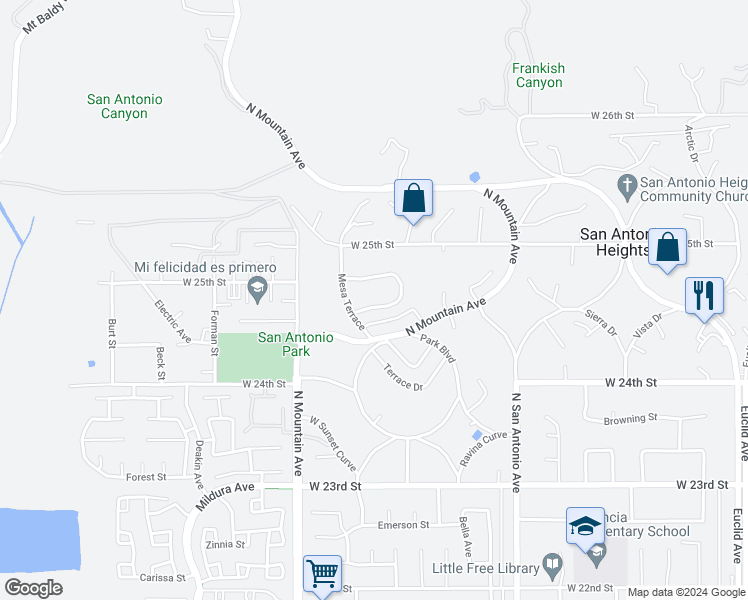 map of restaurants, bars, coffee shops, grocery stores, and more near 2445 Ocean View Drive in Upland