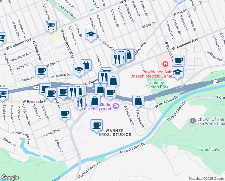 map of restaurants, bars, coffee shops, grocery stores, and more near 3400 West Olive Avenue in Burbank