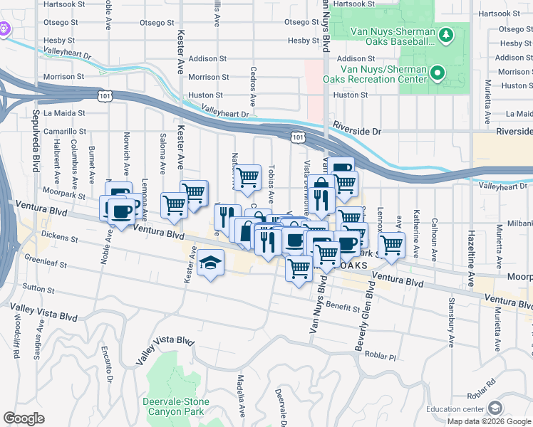 map of restaurants, bars, coffee shops, grocery stores, and more near 4513 Tobias Avenue in Los Angeles