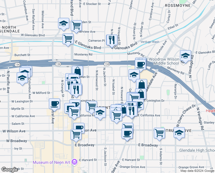 map of restaurants, bars, coffee shops, grocery stores, and more near 511 North Isabel Street in Glendale
