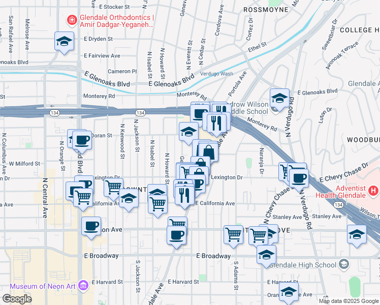 map of restaurants, bars, coffee shops, grocery stores, and more near 744 East Doran Street in Glendale