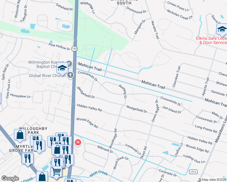 map of restaurants, bars, coffee shops, grocery stores, and more near 4717 Crosswinds Drive in Wilmington