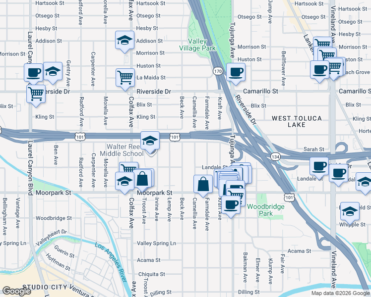 map of restaurants, bars, coffee shops, grocery stores, and more near 4550 Beck Avenue in Los Angeles