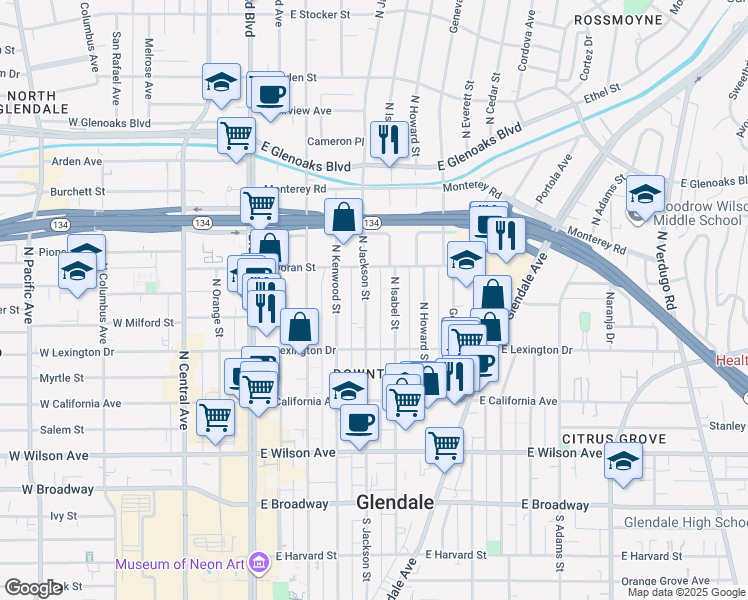 map of restaurants, bars, coffee shops, grocery stores, and more near 510 North Jackson Street in Glendale