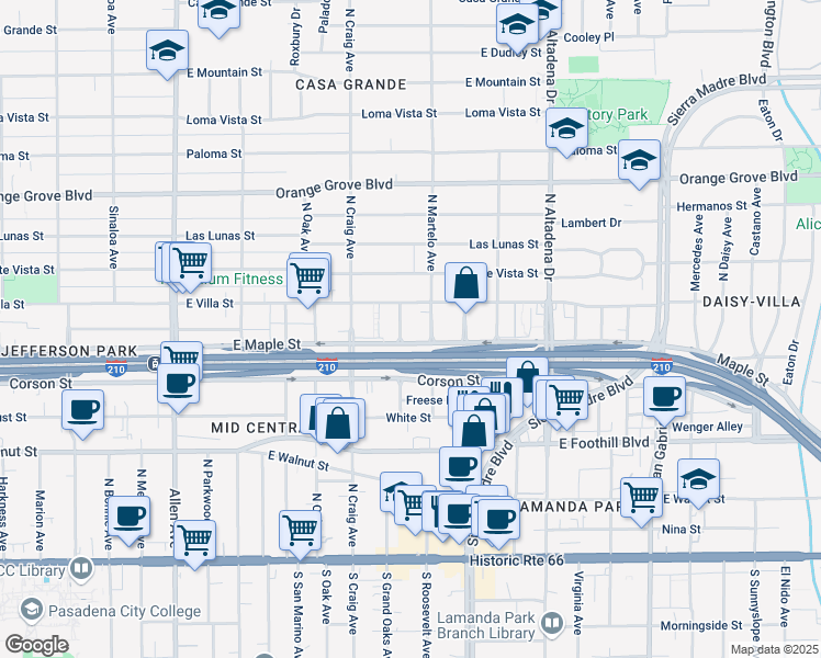 map of restaurants, bars, coffee shops, grocery stores, and more near 422 Lola Avenue in Pasadena