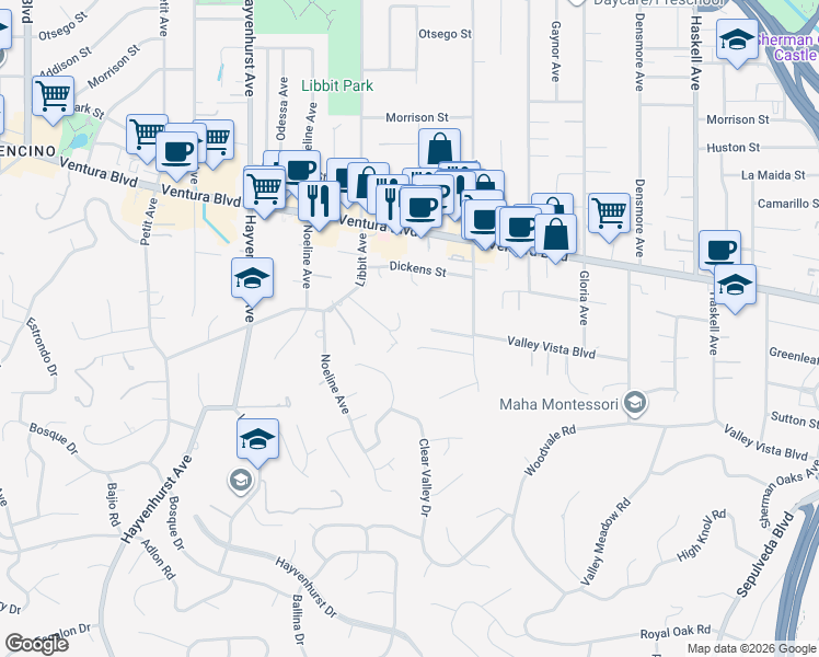 map of restaurants, bars, coffee shops, grocery stores, and more near 16216 Bertella Drive in Los Angeles
