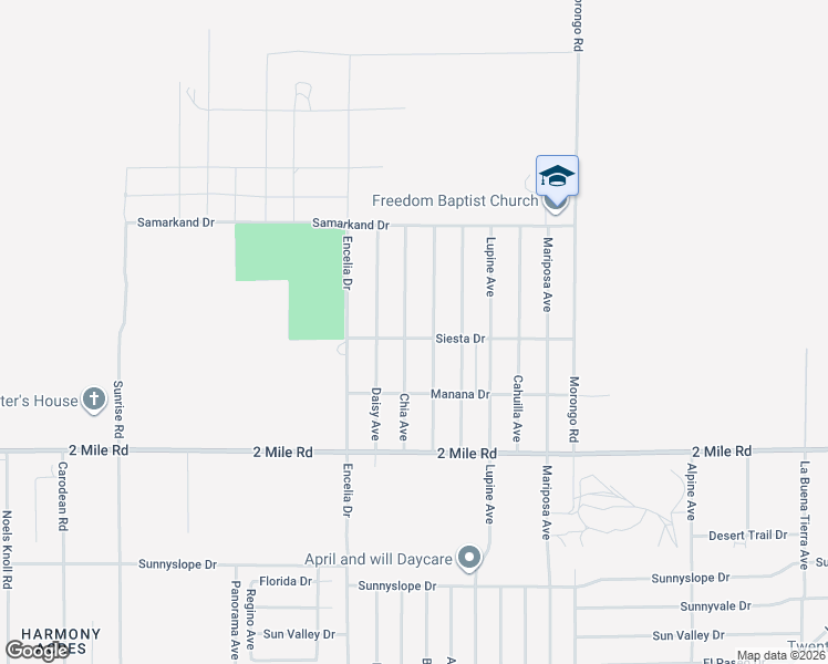 map of restaurants, bars, coffee shops, grocery stores, and more near 71816 Siesta Drive in Twentynine Palms