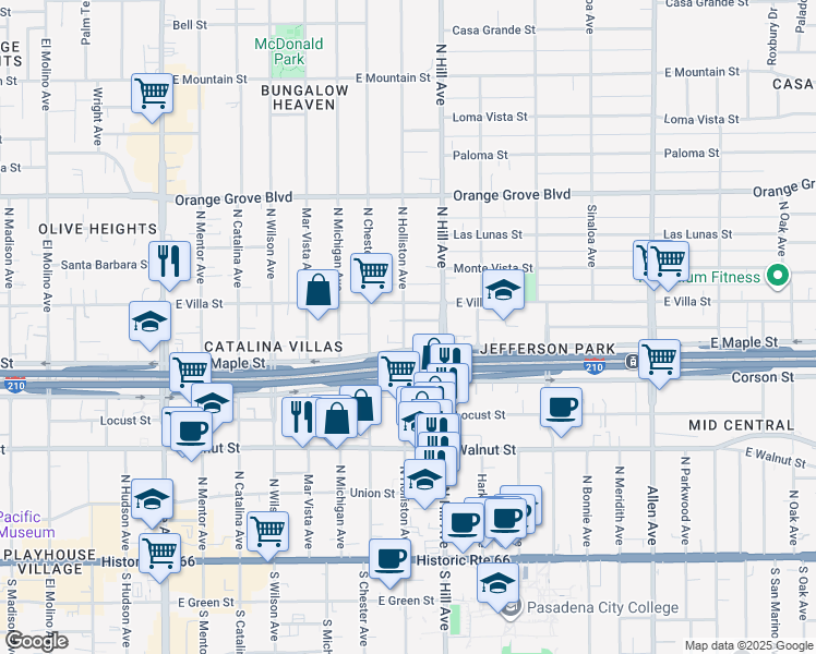 map of restaurants, bars, coffee shops, grocery stores, and more near 430 North Holliston Avenue in Pasadena