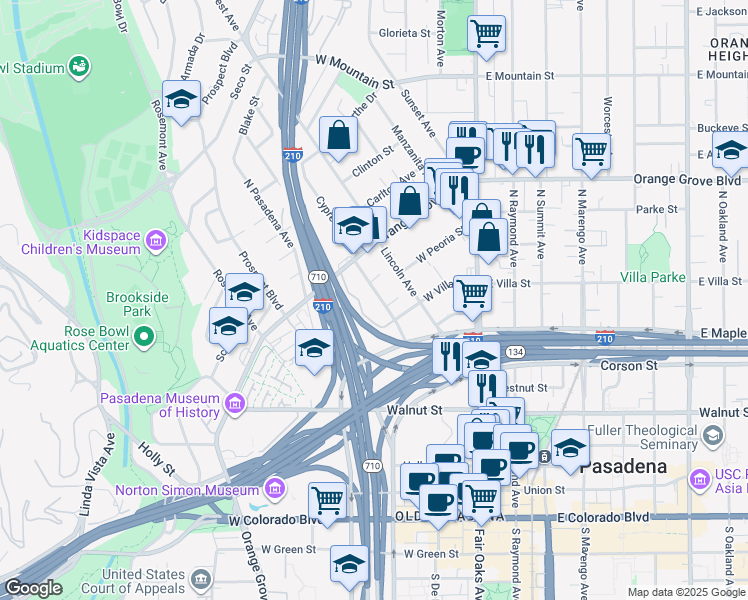 map of restaurants, bars, coffee shops, grocery stores, and more near 503 Cypress Avenue in Pasadena
