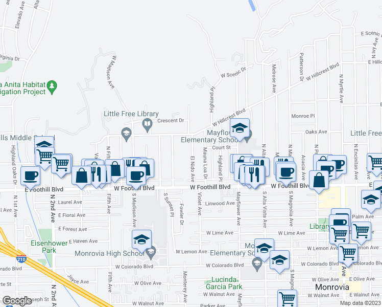 map of restaurants, bars, coffee shops, grocery stores, and more near 163 El Nido Avenue in Monrovia