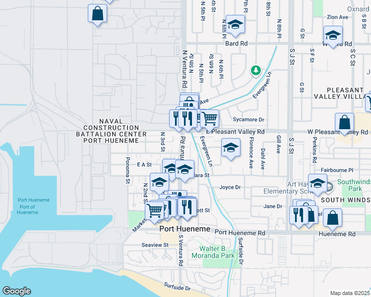 map of restaurants, bars, coffee shops, grocery stores, and more near 626 North Ventura Road in Port Hueneme