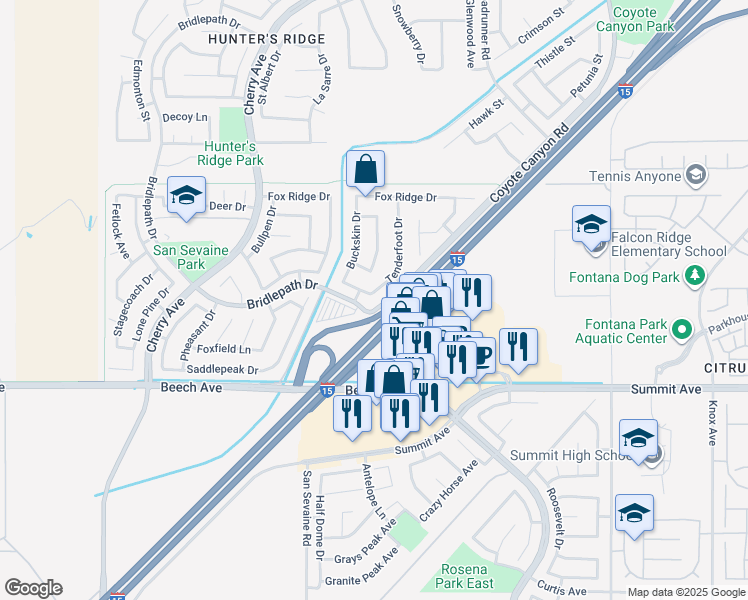 map of restaurants, bars, coffee shops, grocery stores, and more near 5527 Tenderfoot Drive in Fontana