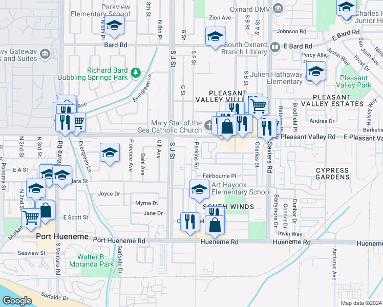 map of restaurants, bars, coffee shops, grocery stores, and more near 5147 Perkins Road in Oxnard