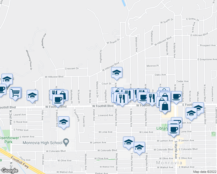 map of restaurants, bars, coffee shops, grocery stores, and more near 168 Highland Place in Monrovia
