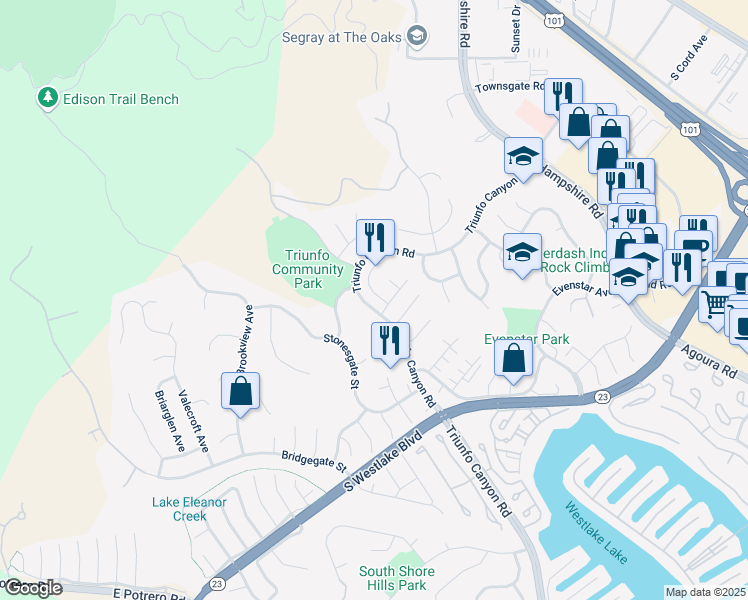 map of restaurants, bars, coffee shops, grocery stores, and more near 959 Sandpiper Circle in Westlake Village
