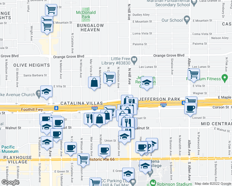 map of restaurants, bars, coffee shops, grocery stores, and more near 431 North Holliston Avenue in Pasadena
