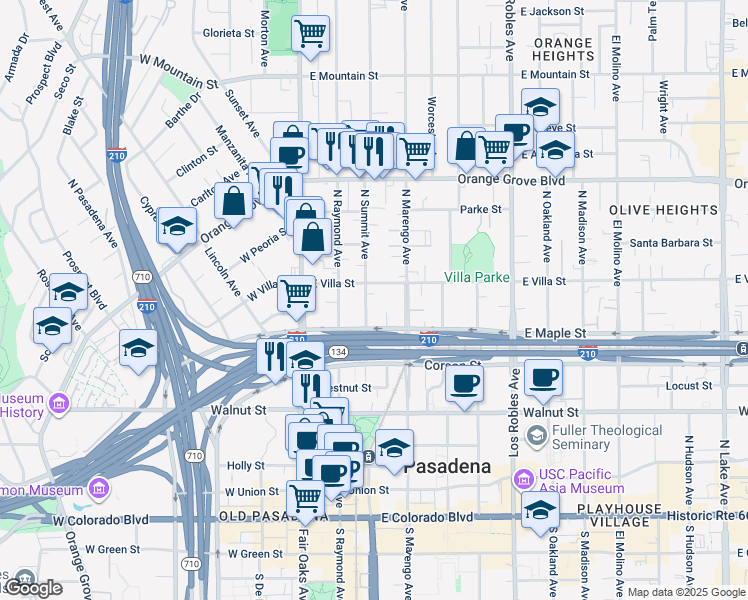 map of restaurants, bars, coffee shops, grocery stores, and more near 448 North Summit Avenue in Pasadena