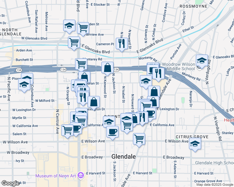 map of restaurants, bars, coffee shops, grocery stores, and more near 510 North Jackson Street in Glendale
