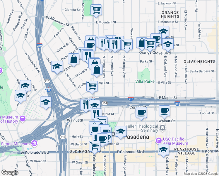 map of restaurants, bars, coffee shops, grocery stores, and more near 449 North Summit Avenue in Pasadena