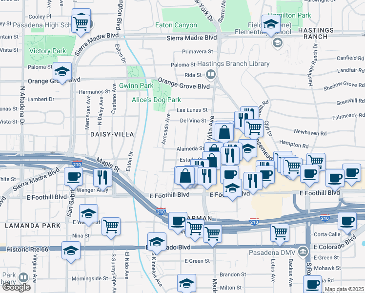 map of restaurants, bars, coffee shops, grocery stores, and more near 415 Santa Paula Avenue in Pasadena
