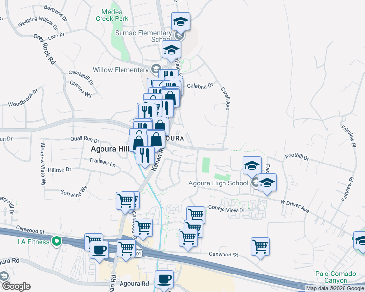 map of restaurants, bars, coffee shops, grocery stores, and more near 28915 Thousand Oaks Boulevard in Agoura Hills