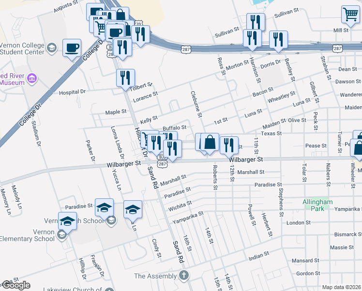 map of restaurants, bars, coffee shops, grocery stores, and more near 3821 Texas Street in Vernon