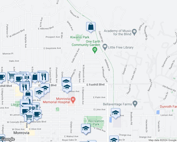 map of restaurants, bars, coffee shops, grocery stores, and more near 718 Valley View Avenue in Monrovia