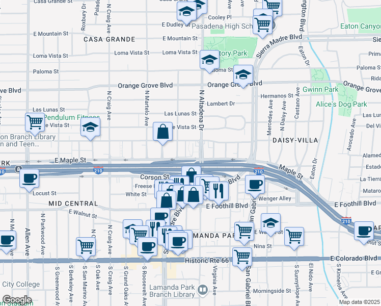 map of restaurants, bars, coffee shops, grocery stores, and more near 2481 Wagner Street in Pasadena