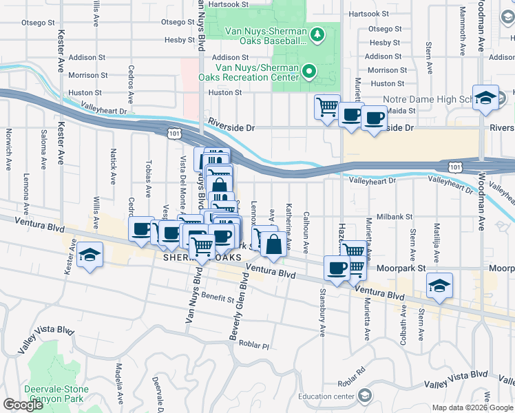 map of restaurants, bars, coffee shops, grocery stores, and more near 4534 Lennox Avenue in Los Angeles