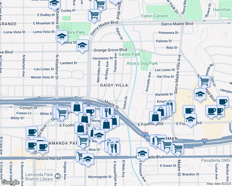 map of restaurants, bars, coffee shops, grocery stores, and more near 404 Castano Avenue in Pasadena