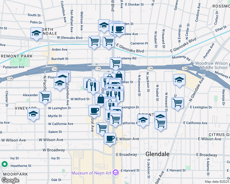 map of restaurants, bars, coffee shops, grocery stores, and more near 500 North Brand Boulevard in Glendale