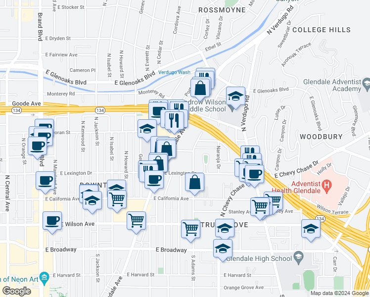 map of restaurants, bars, coffee shops, grocery stores, and more near 1005 East Doran Street in Glendale
