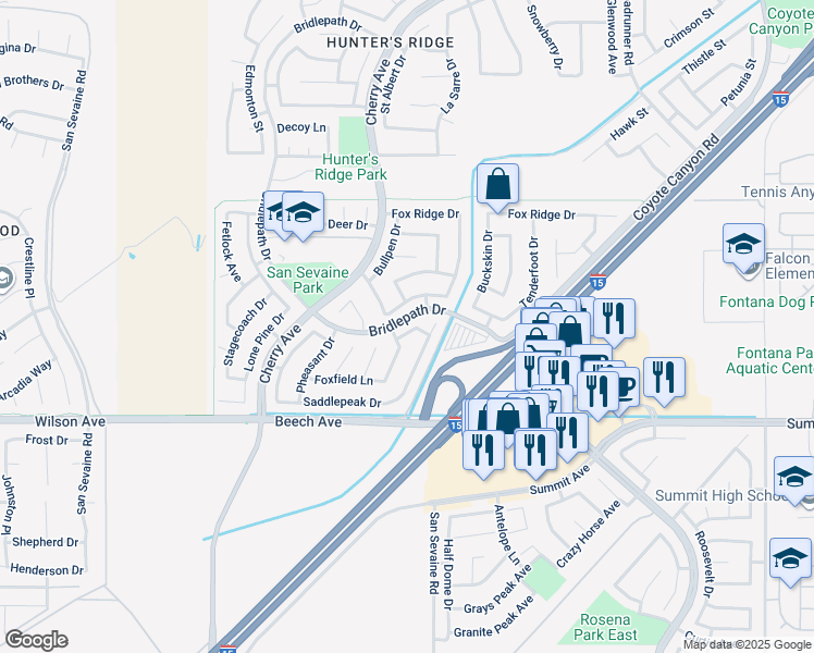 map of restaurants, bars, coffee shops, grocery stores, and more near 14850 Filly Lane in Fontana