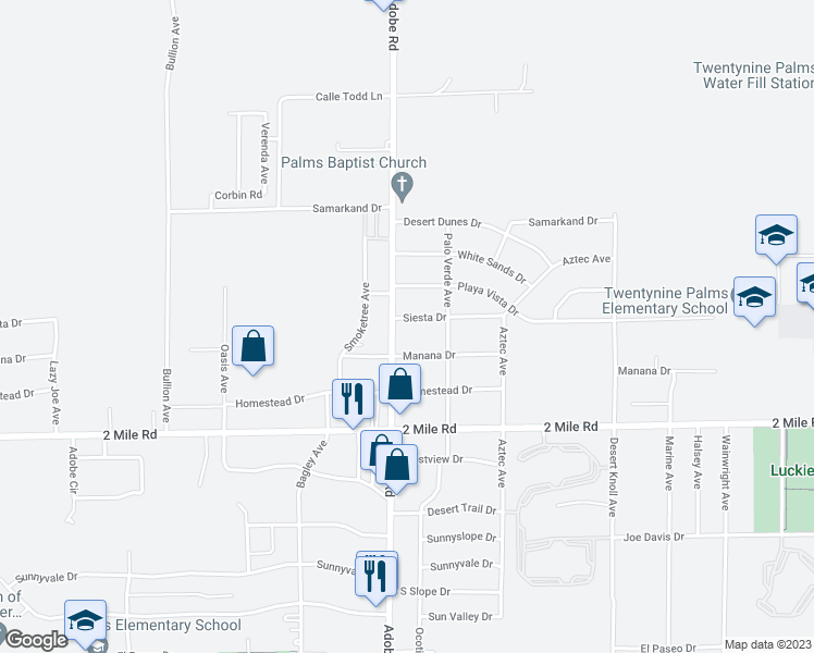 map of restaurants, bars, coffee shops, grocery stores, and more near 73731 Siesta Drive in Twentynine Palms
