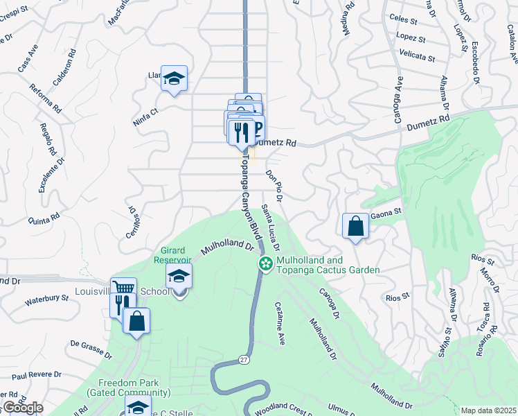 map of restaurants, bars, coffee shops, grocery stores, and more near 4737 Santa Lucia Drive in Los Angeles
