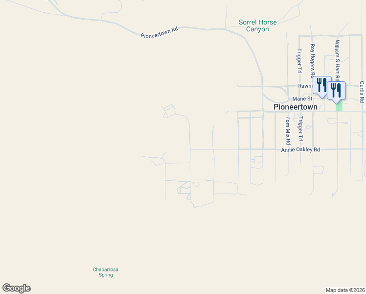 map of restaurants, bars, coffee shops, grocery stores, and more near 5494 Bronco Road in Pioneertown