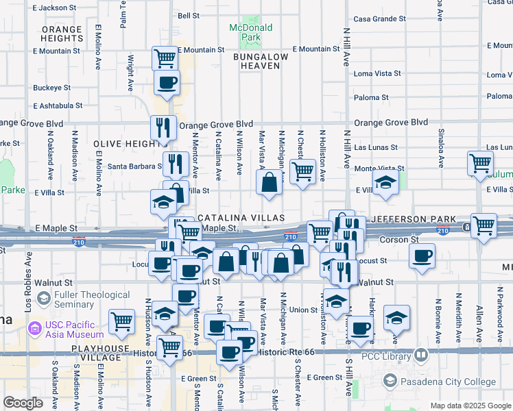 map of restaurants, bars, coffee shops, grocery stores, and more near 440 Mar Vista Avenue in Pasadena