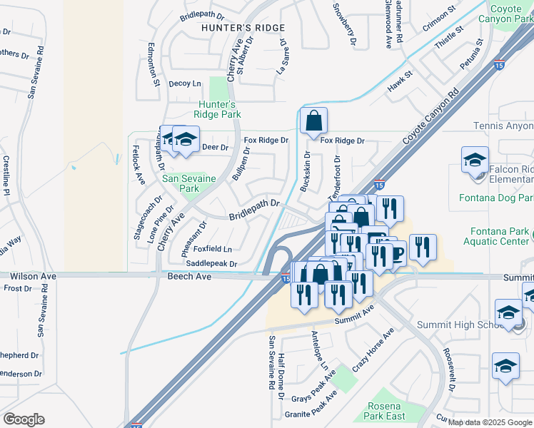 map of restaurants, bars, coffee shops, grocery stores, and more near 14882 Filly Lane in Fontana