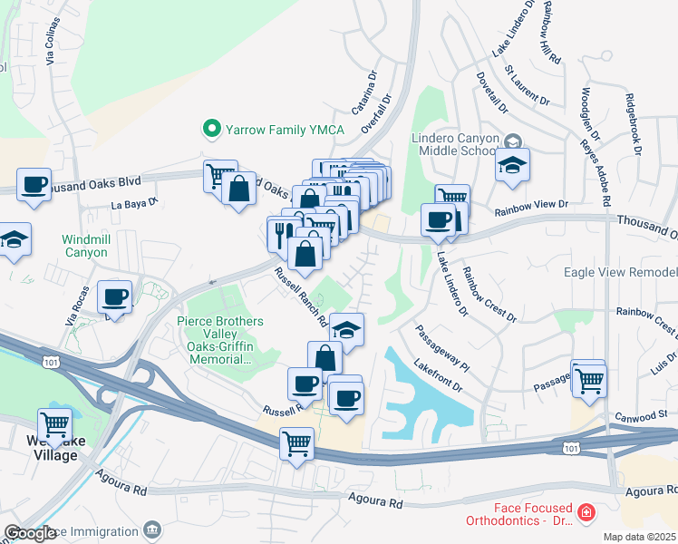 map of restaurants, bars, coffee shops, grocery stores, and more near 30872 Champagne Court in Westlake Village