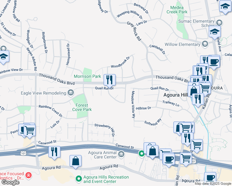 map of restaurants, bars, coffee shops, grocery stores, and more near 29603 Lazy Oak Place in Agoura Hills