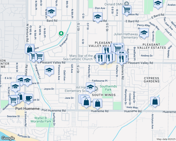 map of restaurants, bars, coffee shops, grocery stores, and more near 5141 Perkins Road in Oxnard