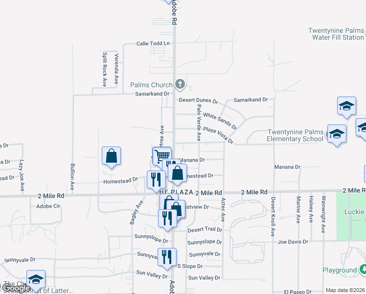 map of restaurants, bars, coffee shops, grocery stores, and more near 73741 Siesta Drive in Twentynine Palms