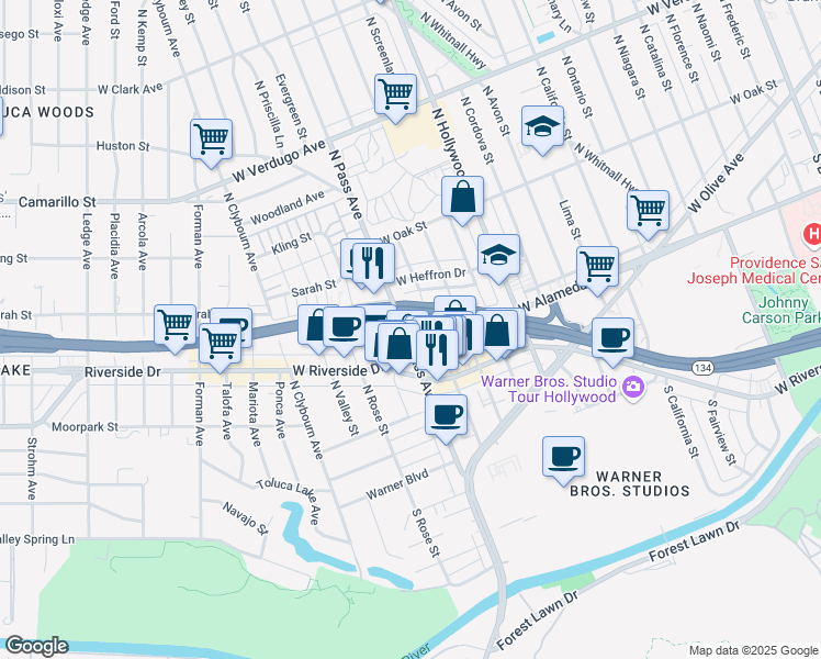 map of restaurants, bars, coffee shops, grocery stores, and more near in Burbank