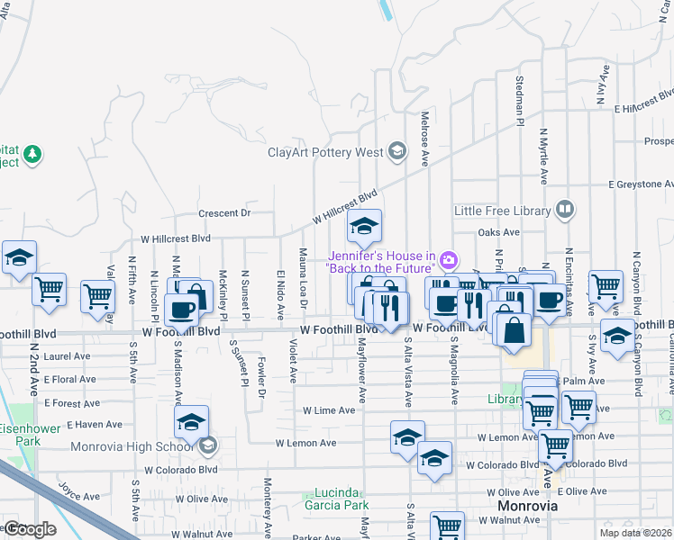 map of restaurants, bars, coffee shops, grocery stores, and more near 168 Highland Place in Monrovia