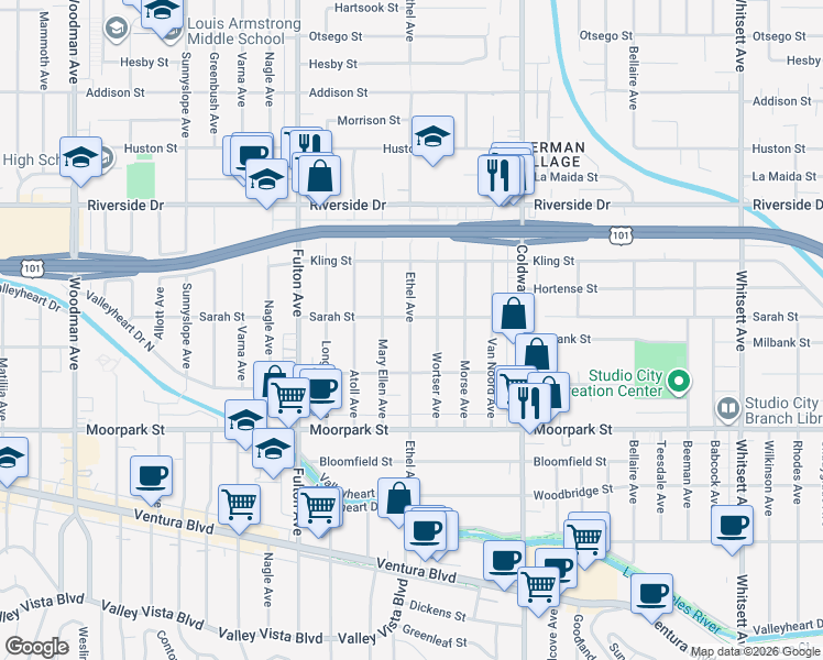 map of restaurants, bars, coffee shops, grocery stores, and more near 4634 Ethel Avenue in Los Angeles