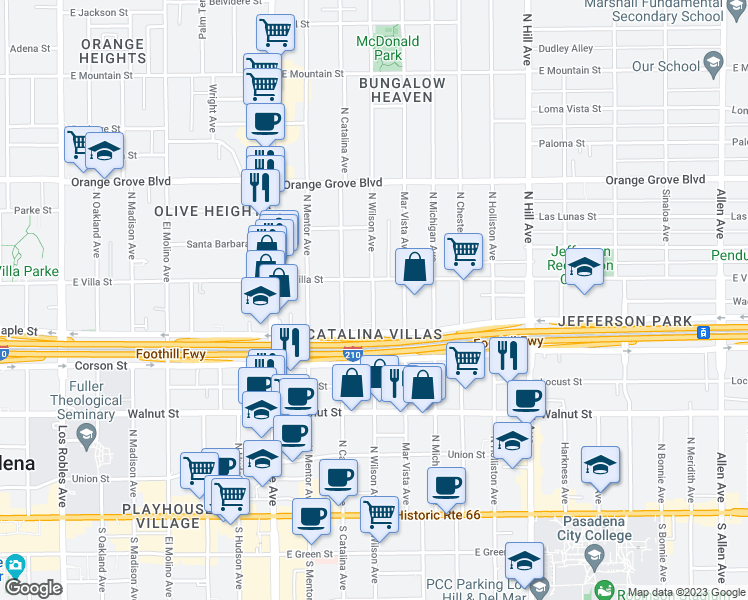 map of restaurants, bars, coffee shops, grocery stores, and more near 432 North Wilson Avenue in Pasadena