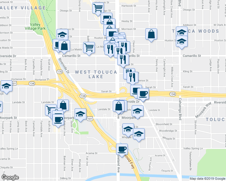 map of restaurants, bars, coffee shops, grocery stores, and more near 11009 Sarah Street in Los Angeles