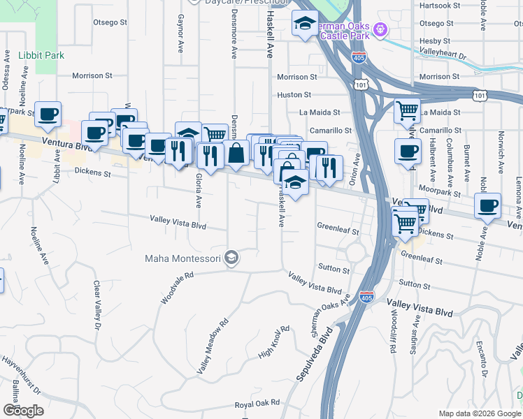 map of restaurants, bars, coffee shops, grocery stores, and more near 4538 Dempsey Avenue in Los Angeles