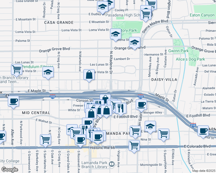 map of restaurants, bars, coffee shops, grocery stores, and more near 453 North Altadena Drive in Pasadena