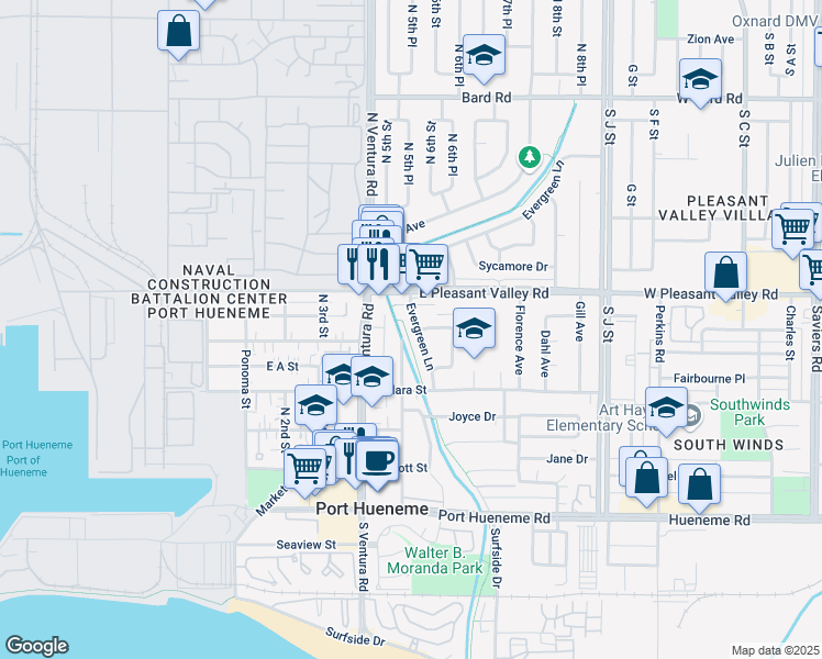 map of restaurants, bars, coffee shops, grocery stores, and more near 641 Evergreen Lane in Port Hueneme